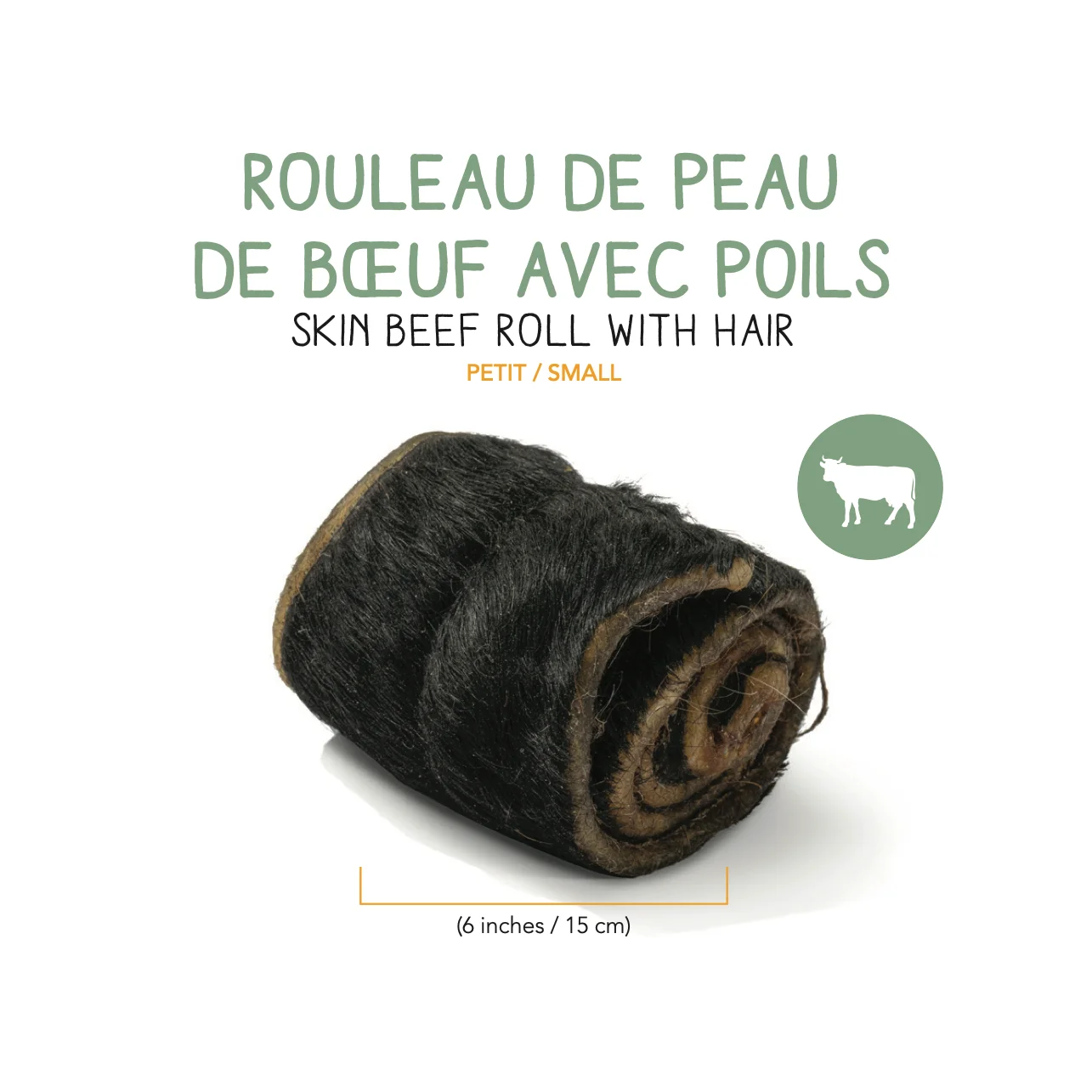 Rouleau de peau de boeuf deshydratee avec poils - Petit - 15cm – Image 2